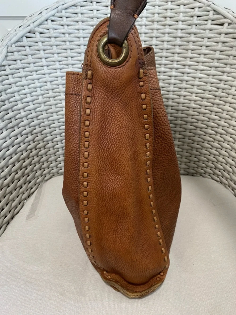 Lucky Brand Vintage Brown Pebbled Leather Hobo Slouchy Whipstitched Bag